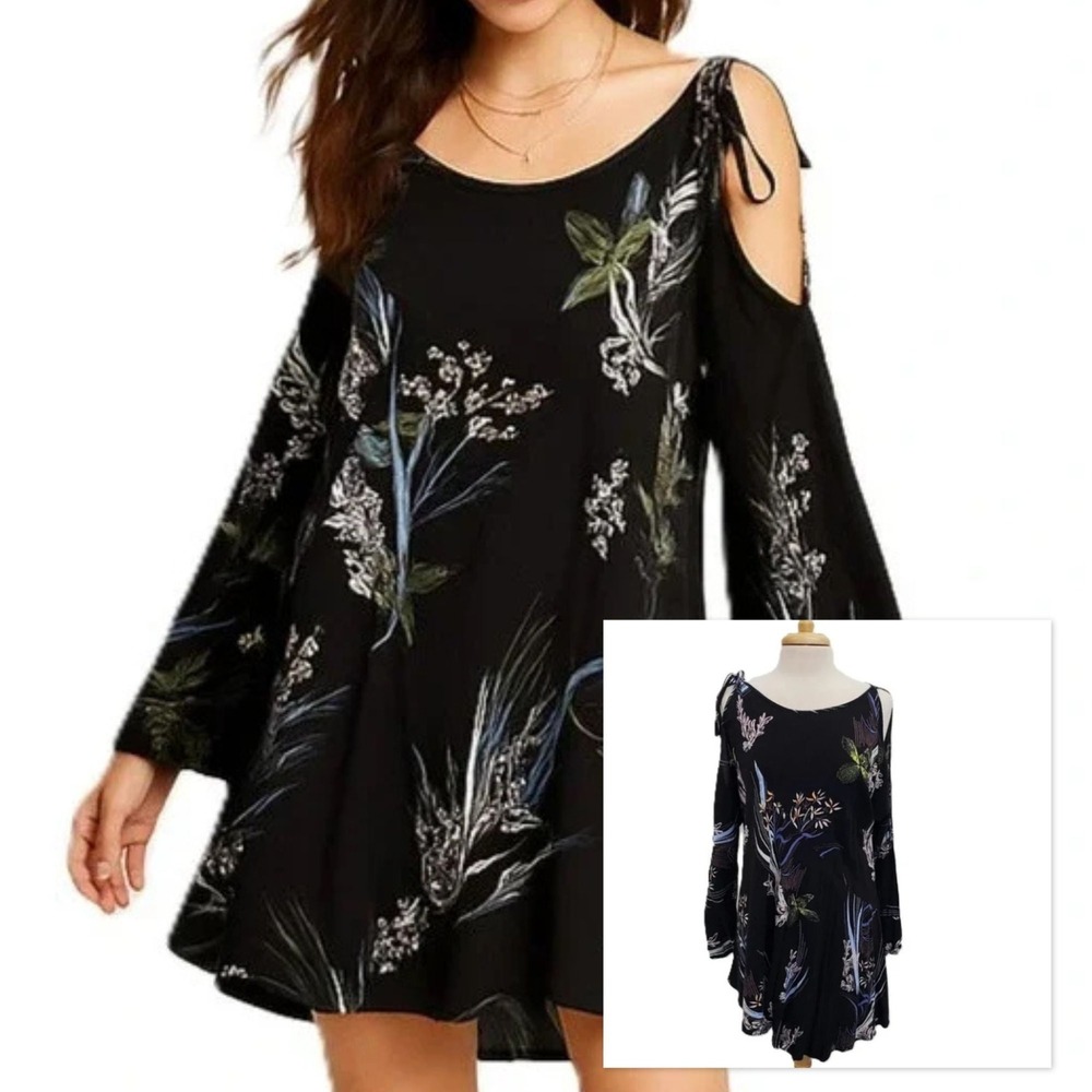 Free People Black Floral One-Shoulder Cold-Shoulder Dress